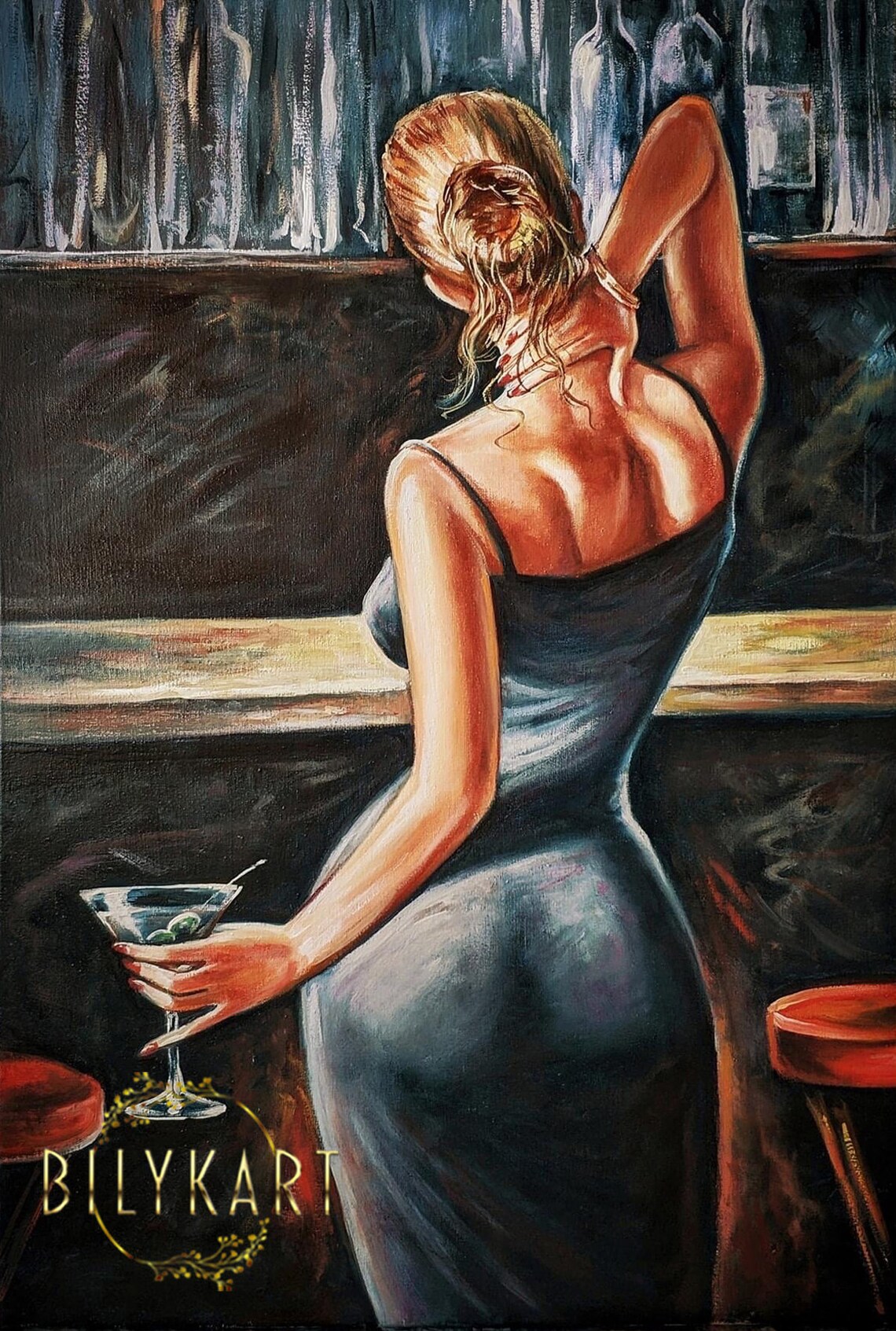 Elegant Woman Back Oil Painting Of Woman From Behind Original Art Luxury Girl In Bar Cocktail Art Bar Wall Decor Modern Alcohol Painting - Image 3