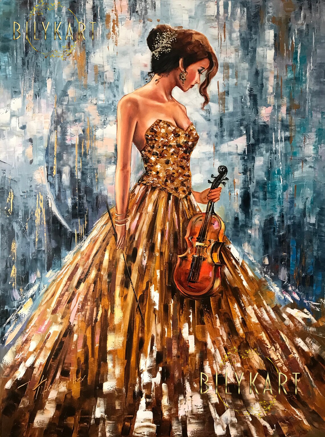 Girl With Violin Abstract Oil Painting, Modern Art Print - Image 3