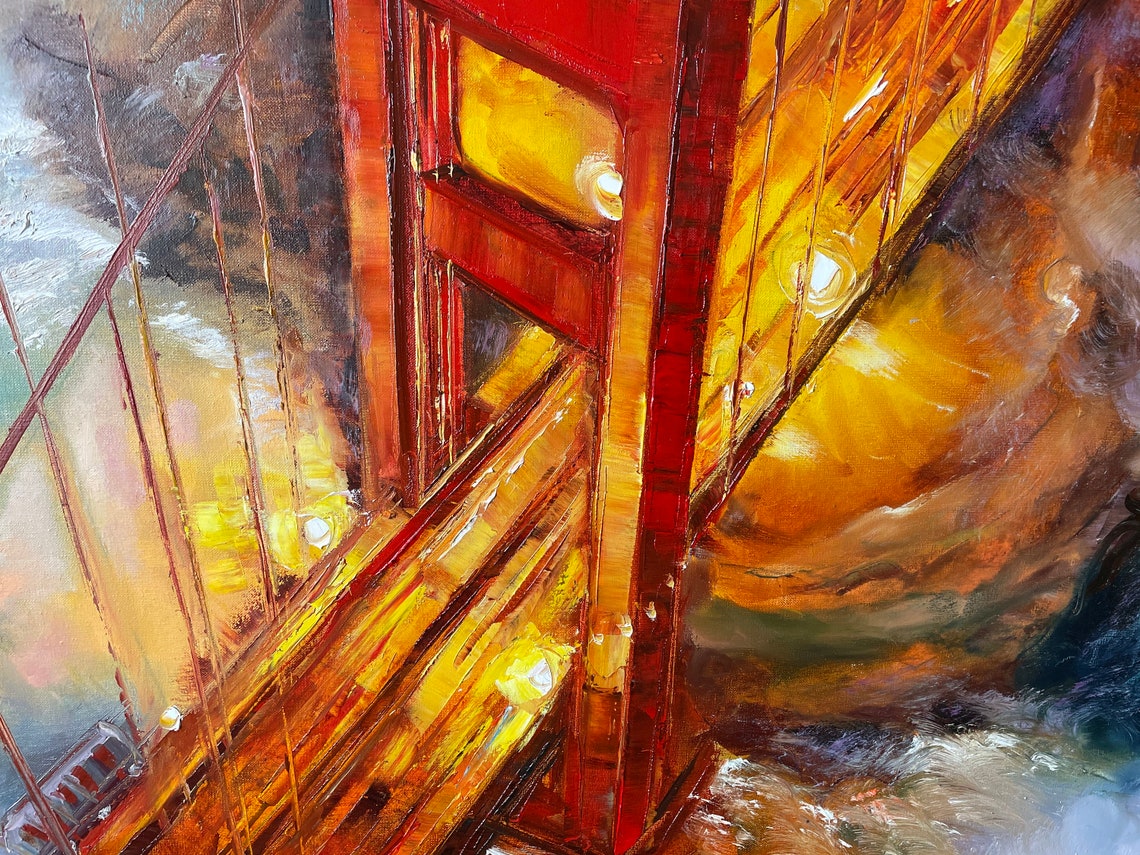 California Painting San Francisco Wall Art Golden Gate Bridge Oil Painting Karl The Fog Bay Area Painting 40x30 Blue Red Sf Wall Art - Image 2