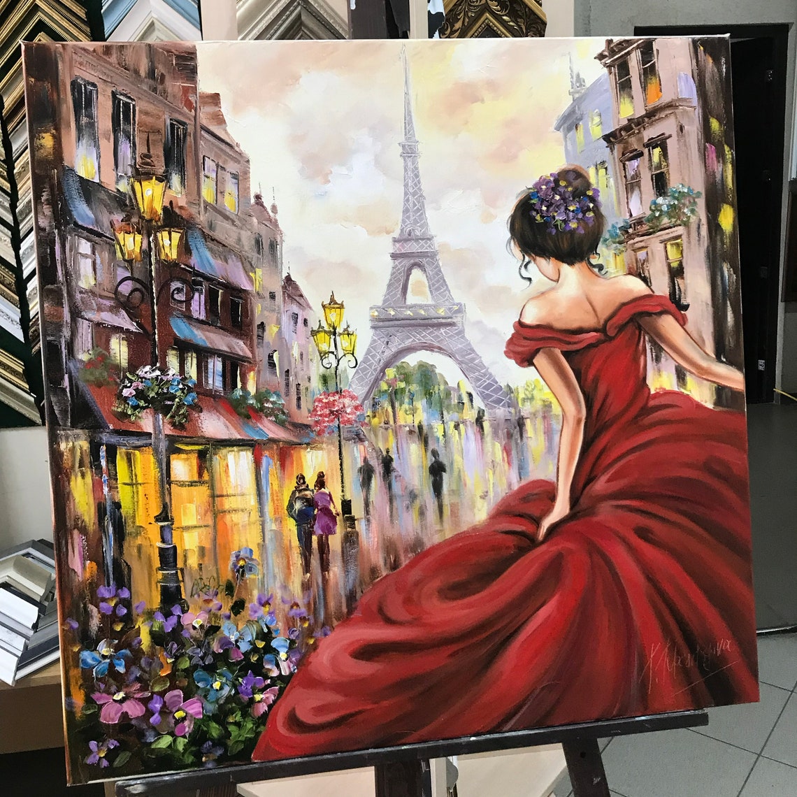 Woman In Paris Painting On Eiffel Tower Framed Art Woman In Red Painting Original Woman Wall Art Ballerina Artwork For Bedroom - Image 2