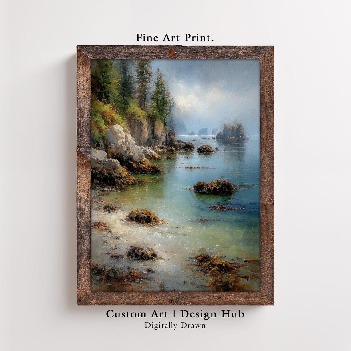 Rocky Pine Cliff Coast Calm Water Serene Coastal Fine Art Print