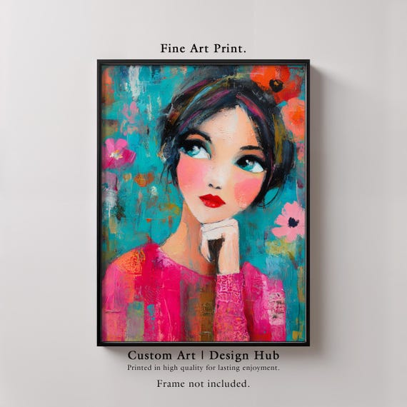 Whimsical Girl Portrait Art Print, Modern Floral Decor