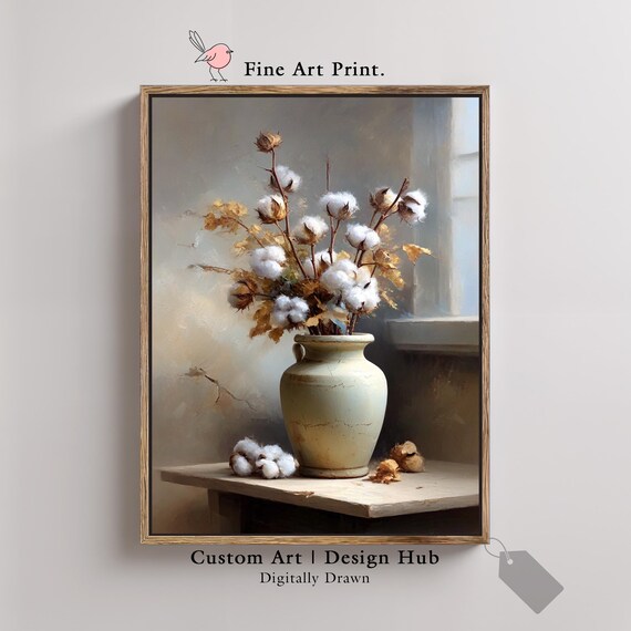 Cotton Stems Vase Rustic Still Life Oil Painting Print Farmhouse Fall Decor
