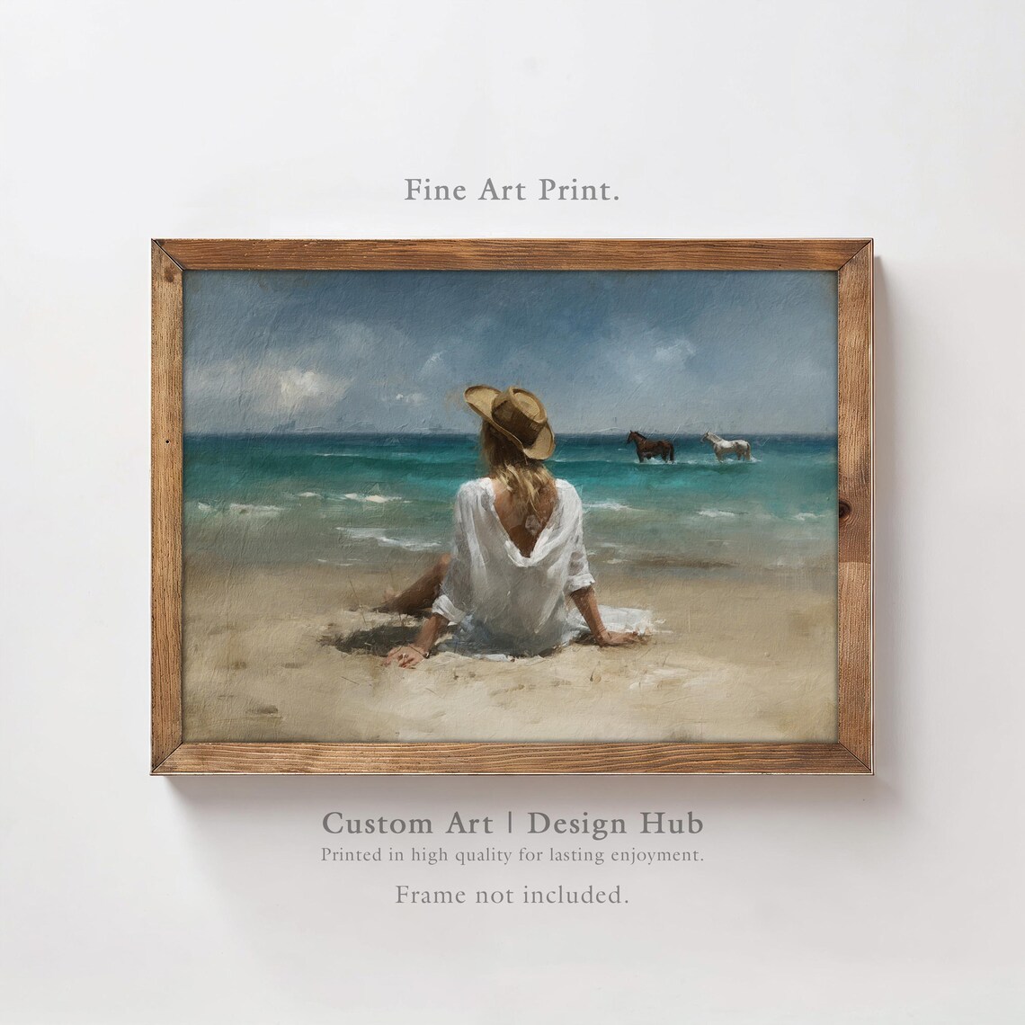 Woman on Beach with Horses Poster Ocean Seascape Fine Painting