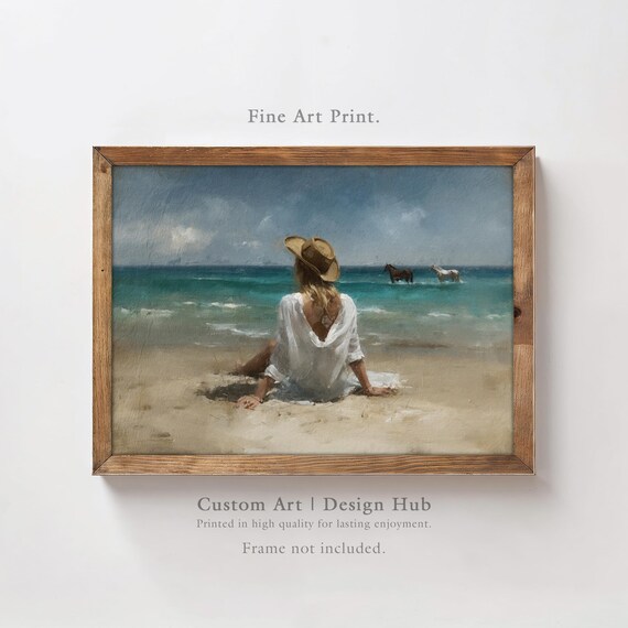 Woman on Beach with Horses Poster Ocean Seascape Fine Painting