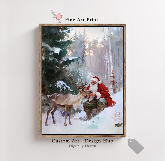 Santa Claus With Reindeer Snowy Forest Vintage Holiday Art Print