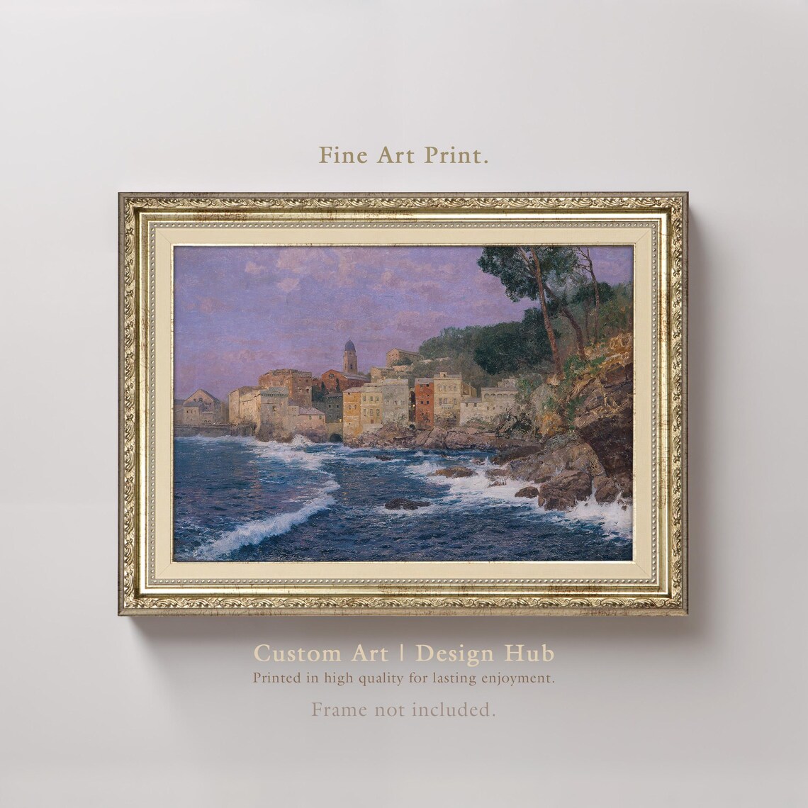 Italian Coastal Town At Dusk Rocky Shore Romantic Seascape Print