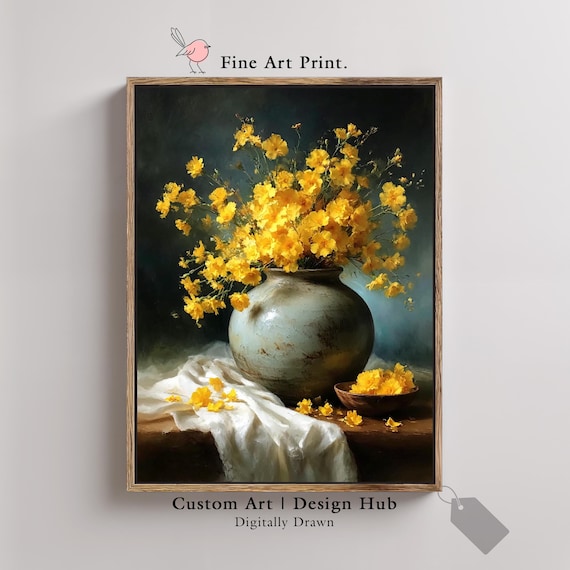 Yellow Floral Still Life Print Vintage Botanical Impressionist Art