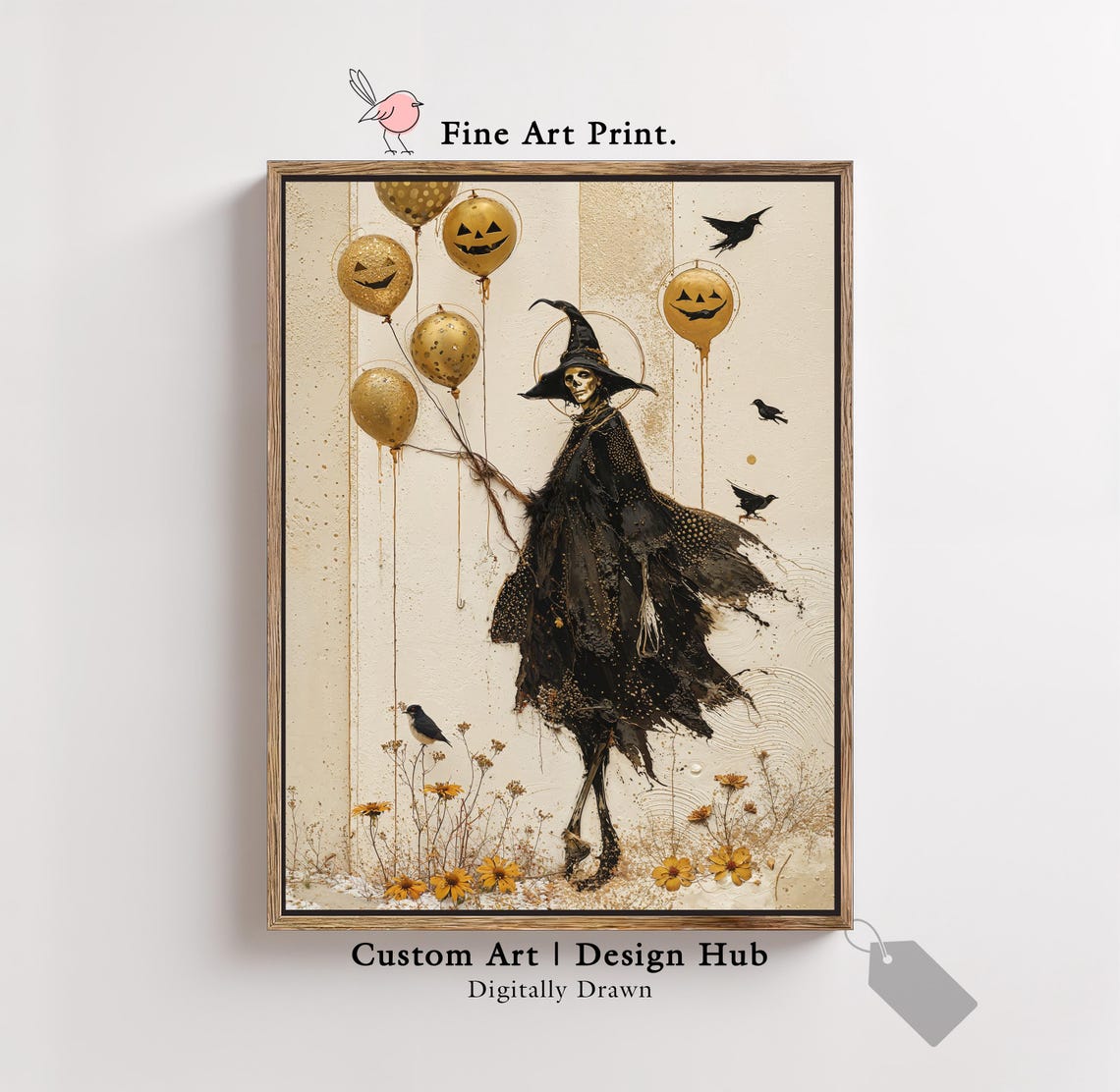 Elegant Skeleton Witch With Pumpkin Balloons Gothic Halloween Print