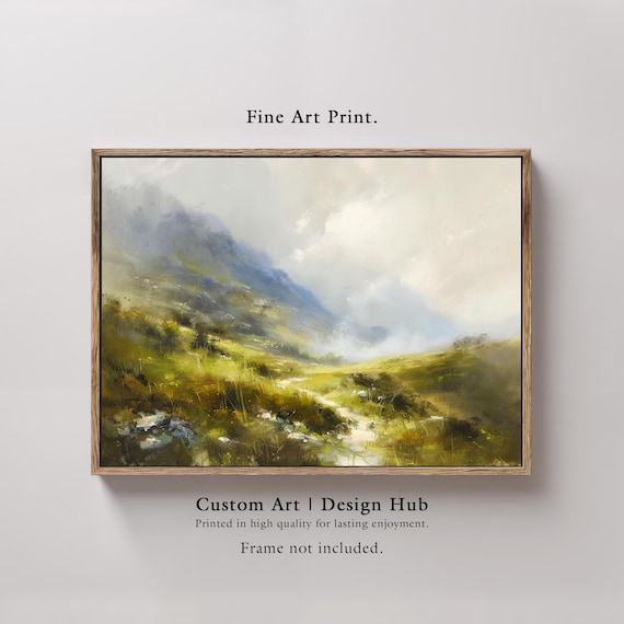 Misty Green Hills Mountain Landscape Impressionist Path Print