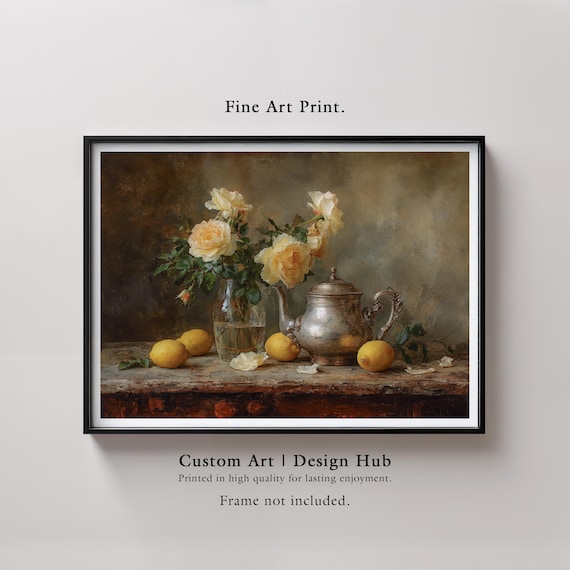 Yellow Roses Silver Teapot Lemons Elegant Vintage Still Life Print