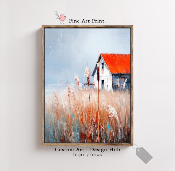 White Barn Red Roof Among Tall Autumn Grasses Fine Art Poster