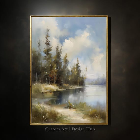 Lakeside Forest Landscape Print Serene Rustic Cabin Wall Art