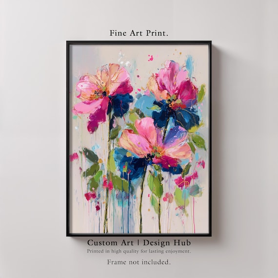 Abstract Pink Flowers Vibrant Botanical Modern Art Print Decor