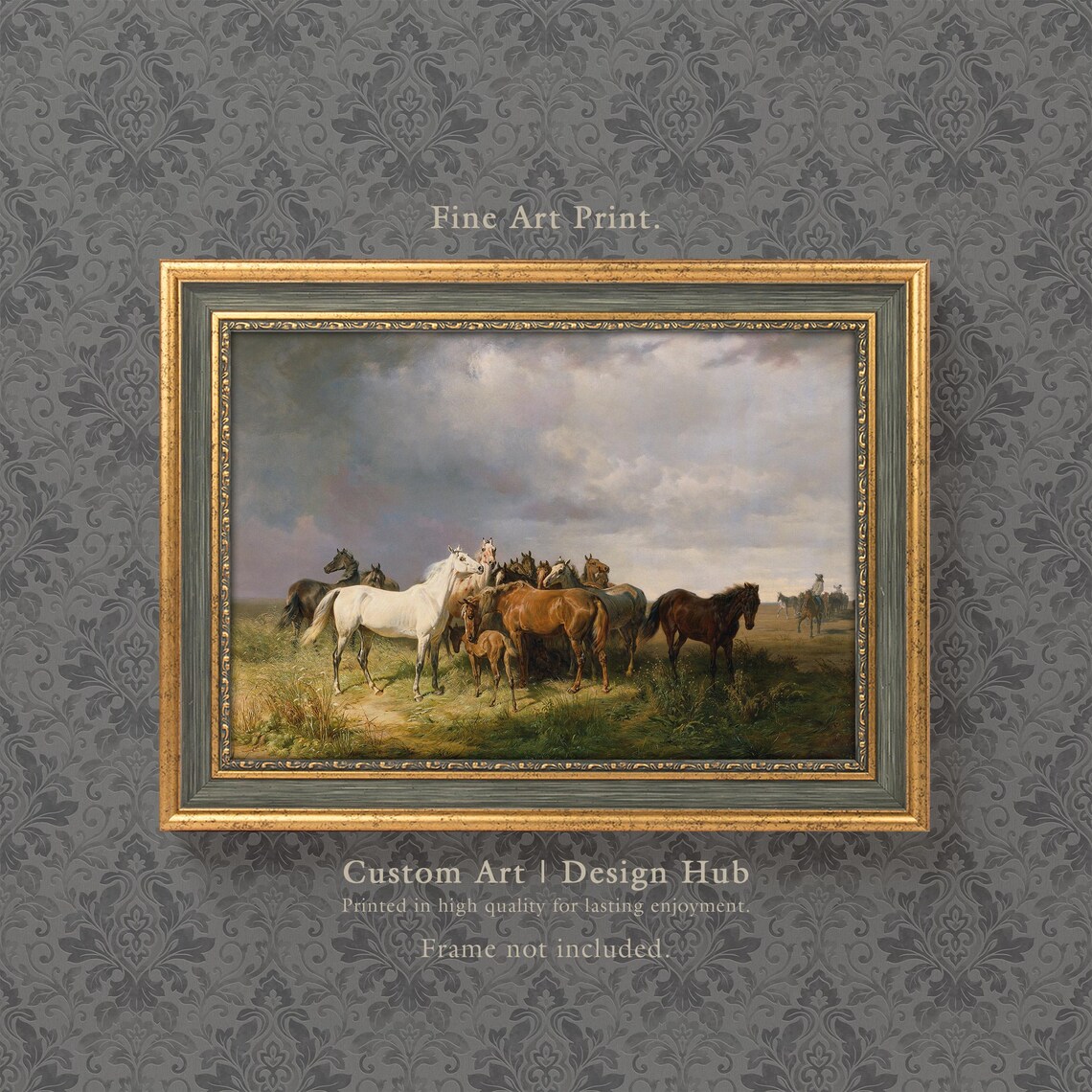 Vintage Horse Herd Meadow Classic Equestrian Oil Painting Print