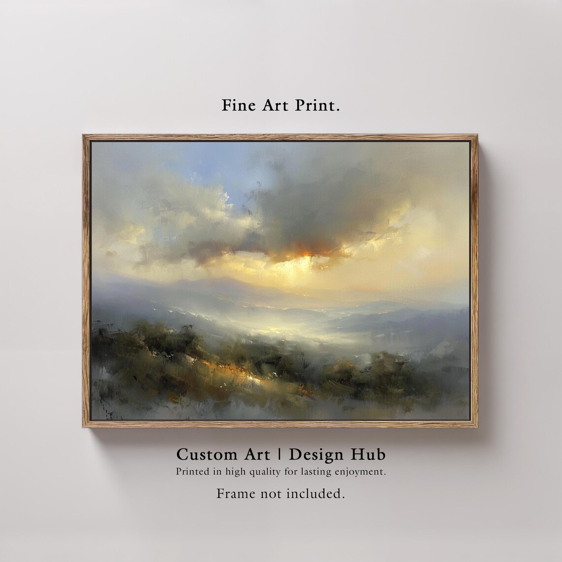 Golden Sunset Mountain Valley Oil Painting Moody Clouds Warm Light Art Poster