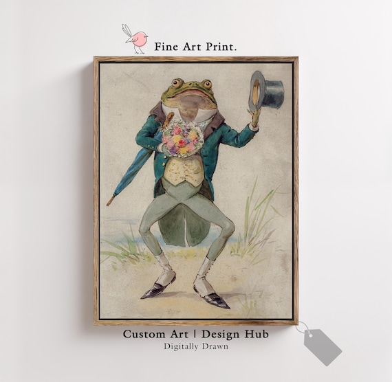 Vintage Frog Gentleman Art Print Whimsical Animal Illustration Poster
