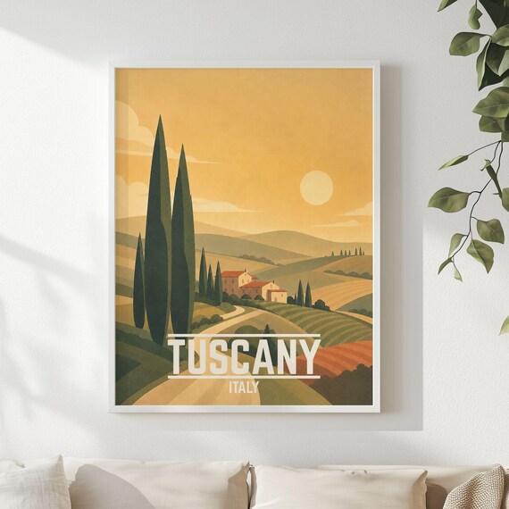 Tuscany Italy Vintage Travel Poster Cypress Hills Farmhouse Sunset Sky