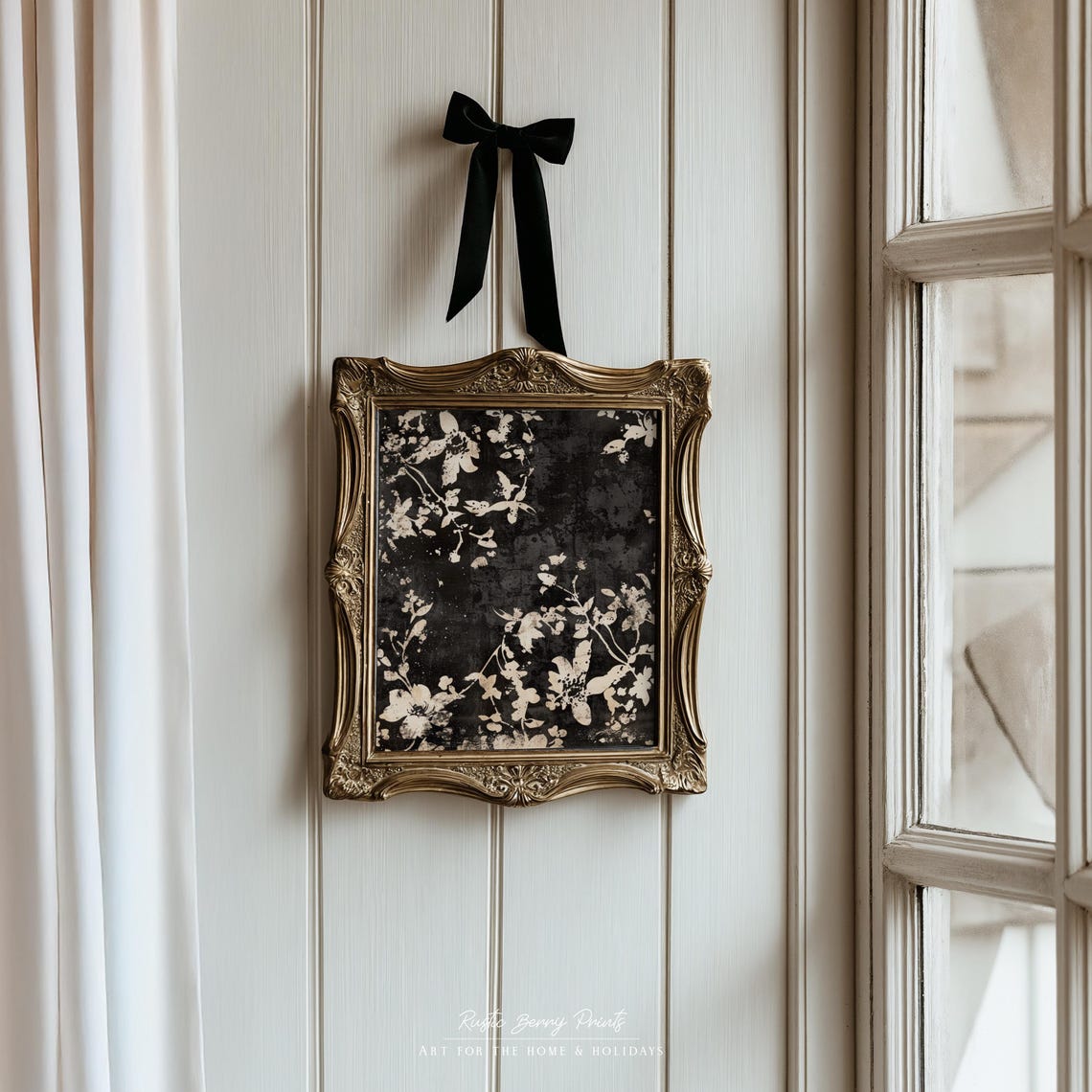 Black White Botanical Floral Textile Pattern Dark Vintage Wall Art