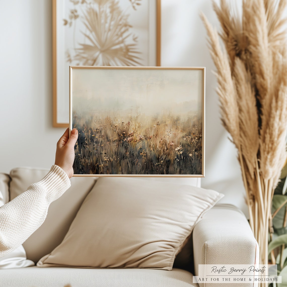 Golden Neutral Wildflower Field In Soft Haze Calm Rustic Wall Poster - Image 3