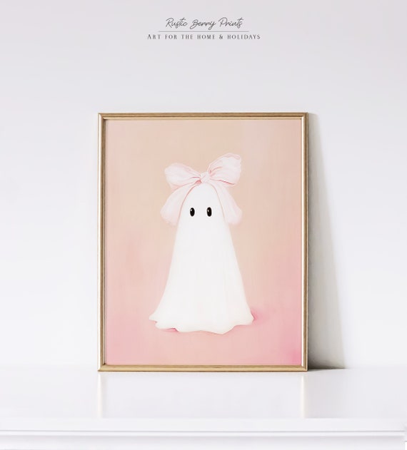 Pink Bow Ghost Art Print, Preppy Halloween Decor