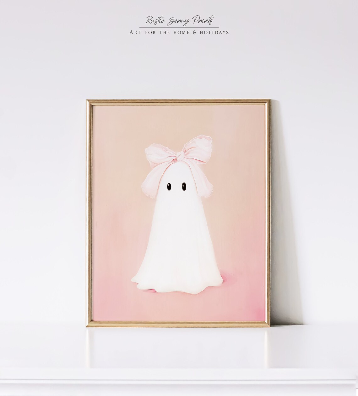 Pink Bow Ghost Art Print, Preppy Halloween Decor