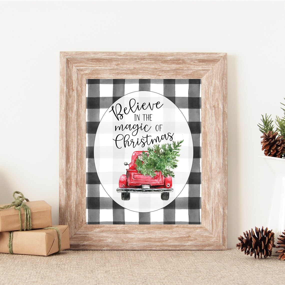 Believe In The Magic Of Christmas Red Truck Buffalo Check Art Poster