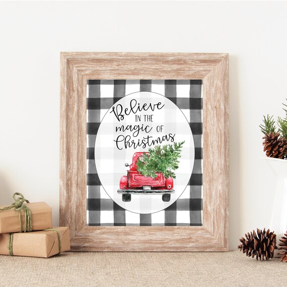 Believe In The Magic Of Christmas Red Truck Buffalo Check Art Poster