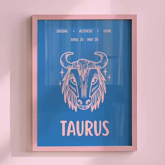 Taurus Zodiac Sign Pink Bull Line Art Blue Astrology Star Sign Poster