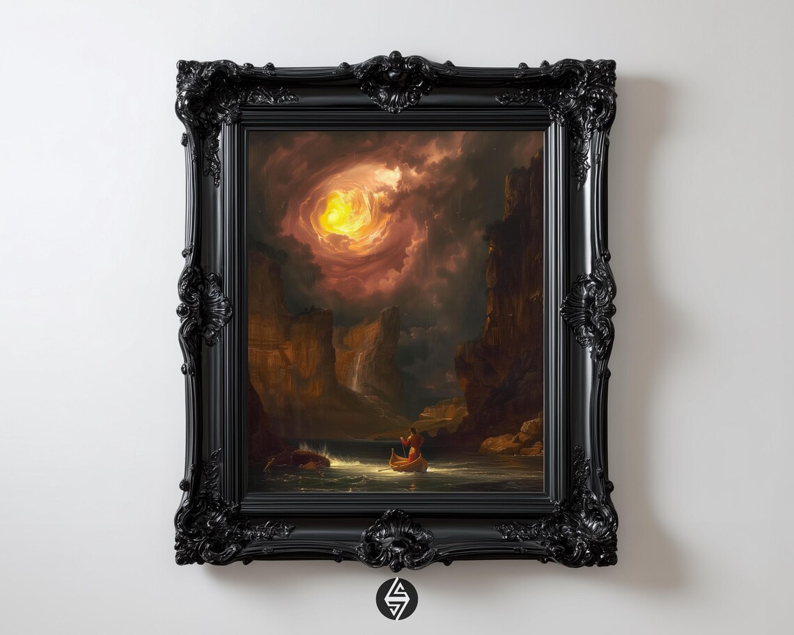Moonlit Boat Voyage Dark Stormy Canyon Gothic Painting Poster