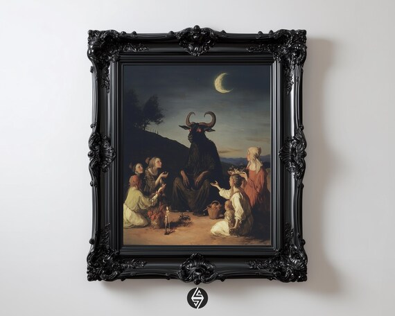 Dark Academia Witch Ritual Gothic Folkhorror Oil Painting Halloween Print Occult Crescent Moonlit Sabbath Vintage Style Wall Art 92