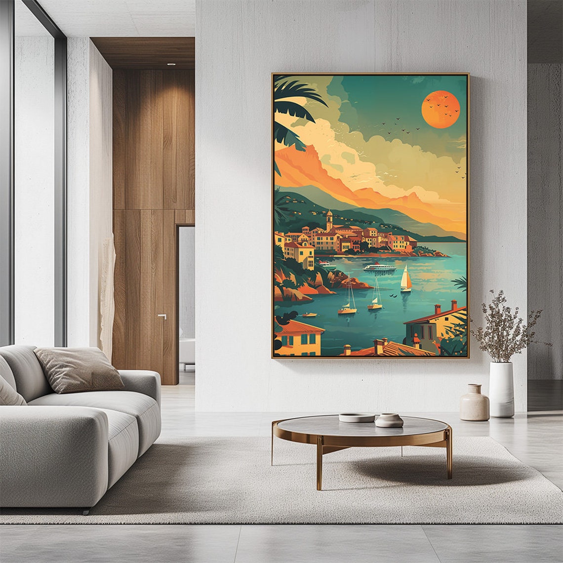 French Riviera Harbor Sunset Retro Travel Illustration Poster - Image 3