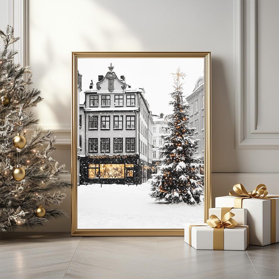 Snowy Scandinavian Christmas Town Square Poster With Lit Tree