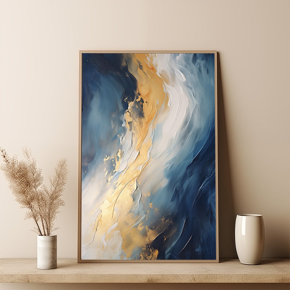 Large Abstract Navy Blue Gold Swirling Waves Modern Art Print - Image 3