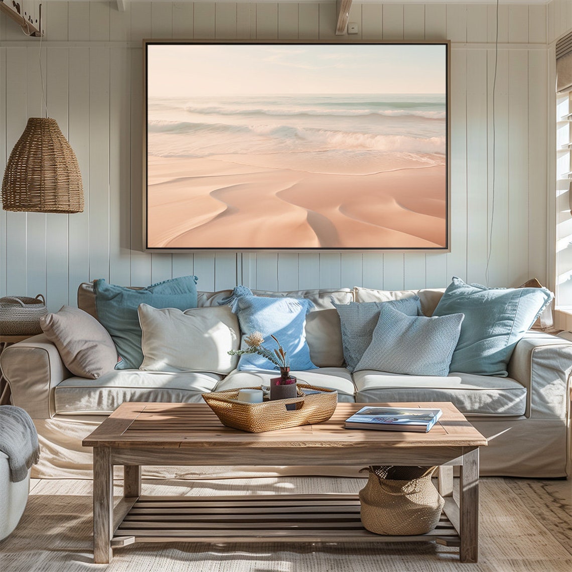 Soft Blush Coastal Beach Gentle Ocean Waves Seaside Art Print - Image 2