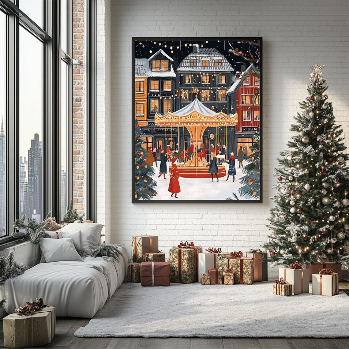 Snowy Christmas Carousel Village Square Winter Holiday Poster - Image 3