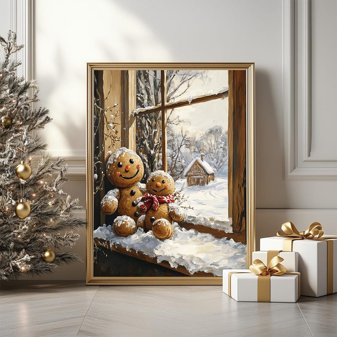 Gingerbread Family Christmas Poster With Snowy Winter Window Scene