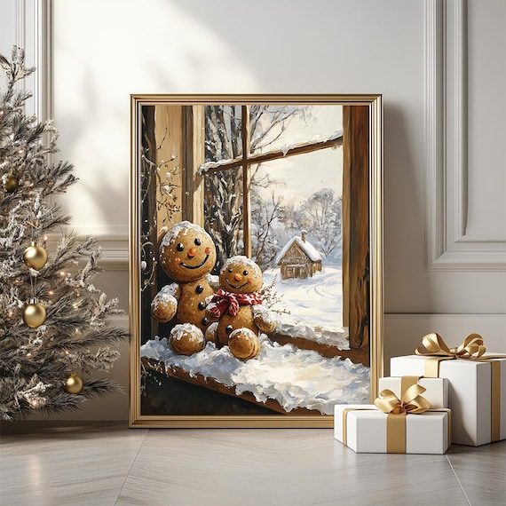 Gingerbread Family Christmas Poster With Snowy Winter Window Scene