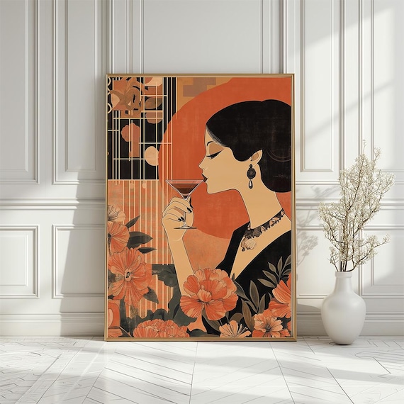 Art Deco Cocktail Lady Sipping Martini Among Blossoms Vintage Poster