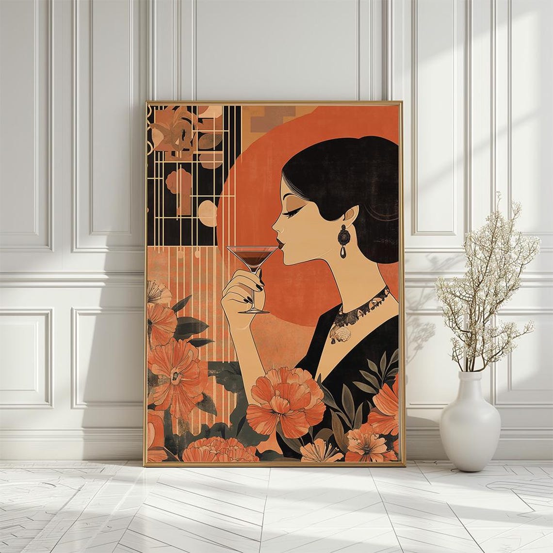 Art Deco Cocktail Lady Sipping Martini Among Blossoms Vintage Poster