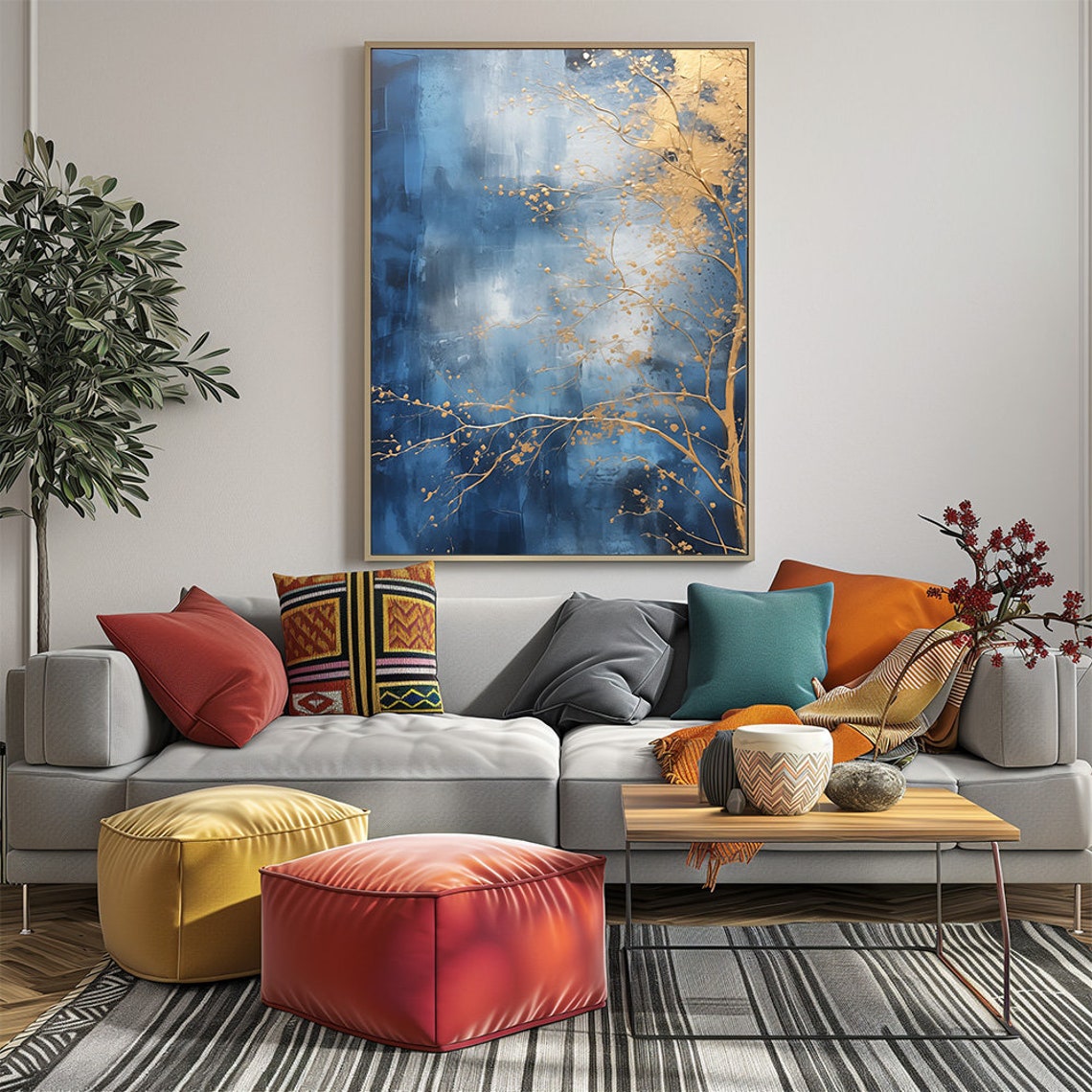 Navy Blue And Gold Abstract Tree Wall Art Modern And Minimal Wall Print For Contemporary Interiors Large - Image 2