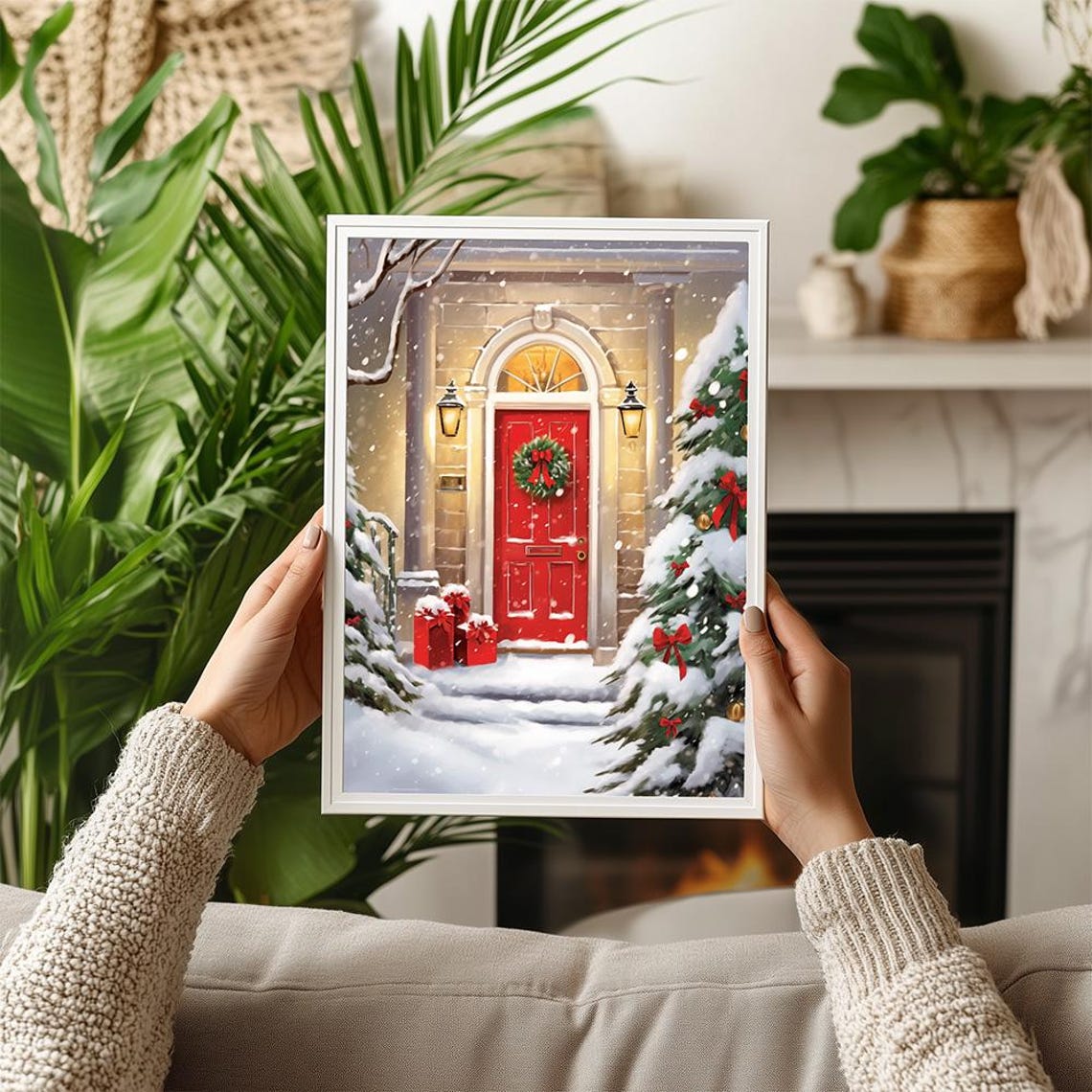 Snowy Red Door Christmas Wreath Lanterns Winter Holiday Poster - Image 2