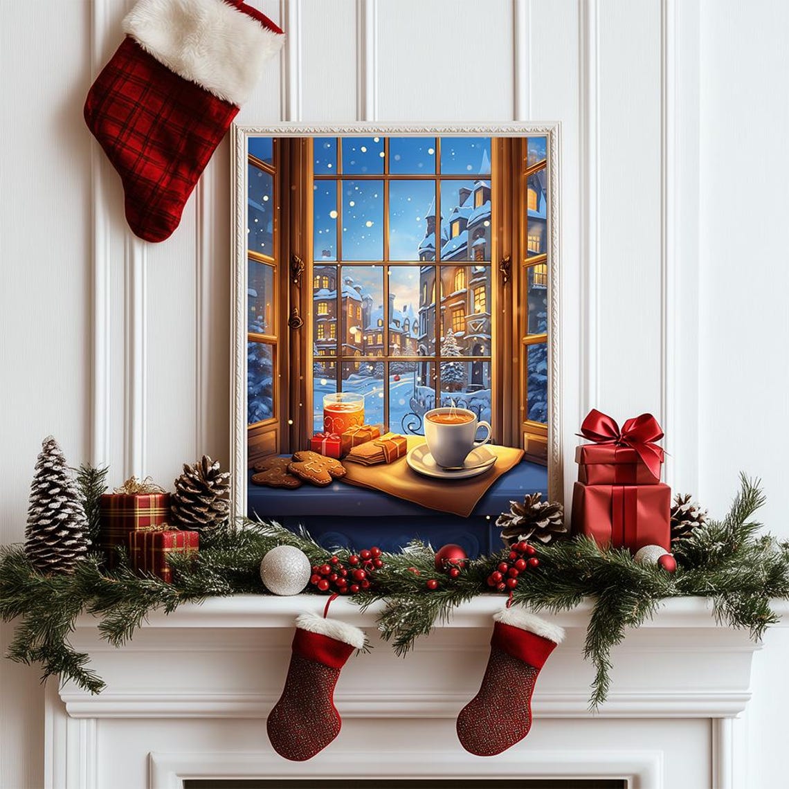 Cozy Christmas Window View Poster With Hot Cocoa and Snowy Cityscape - Image 2