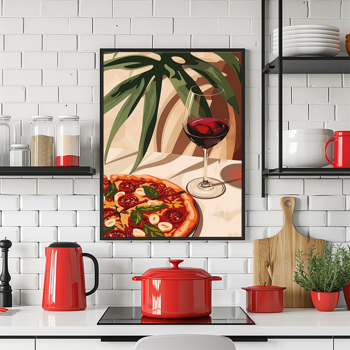Pizza and Red Wine Poster With Modern Italian Kitchen Art Style