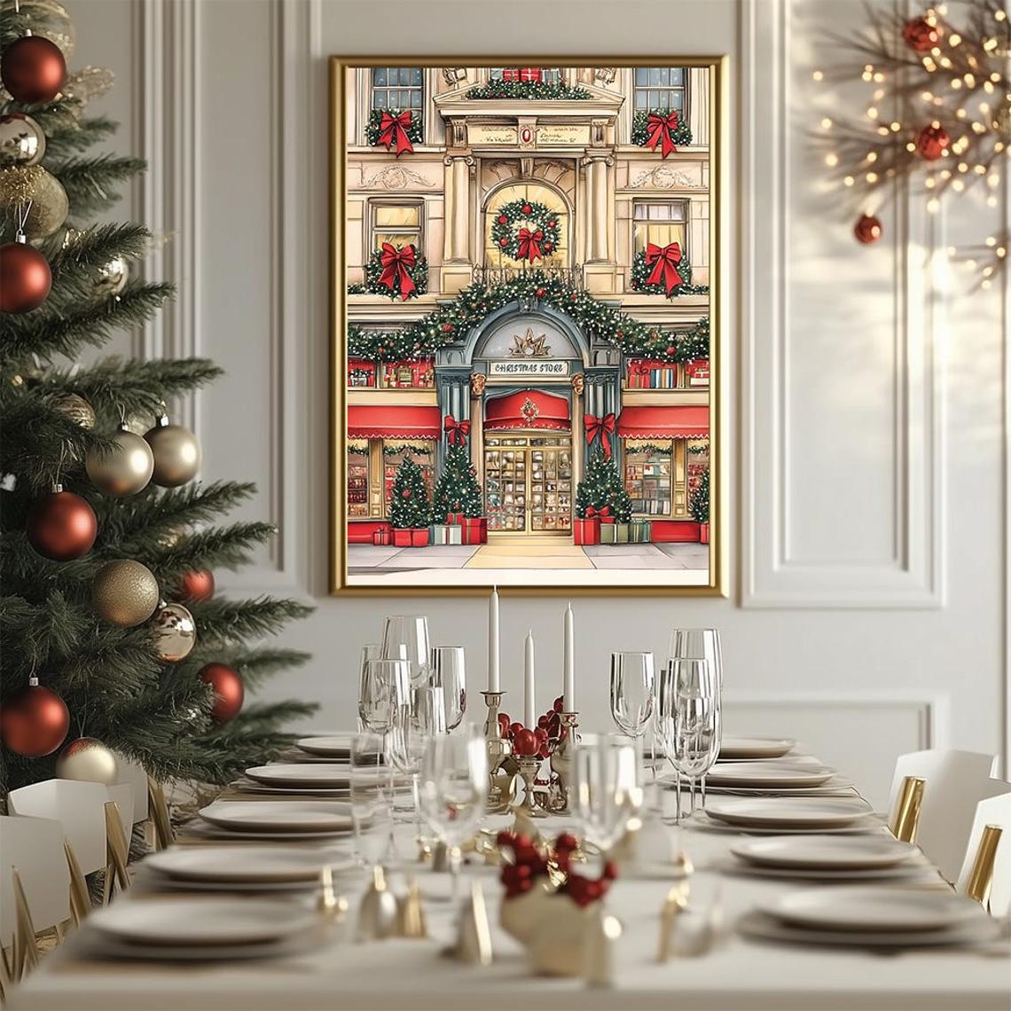 Vintage Christmas Store Entrance Poster With Red Bows and Garlands - Image 3