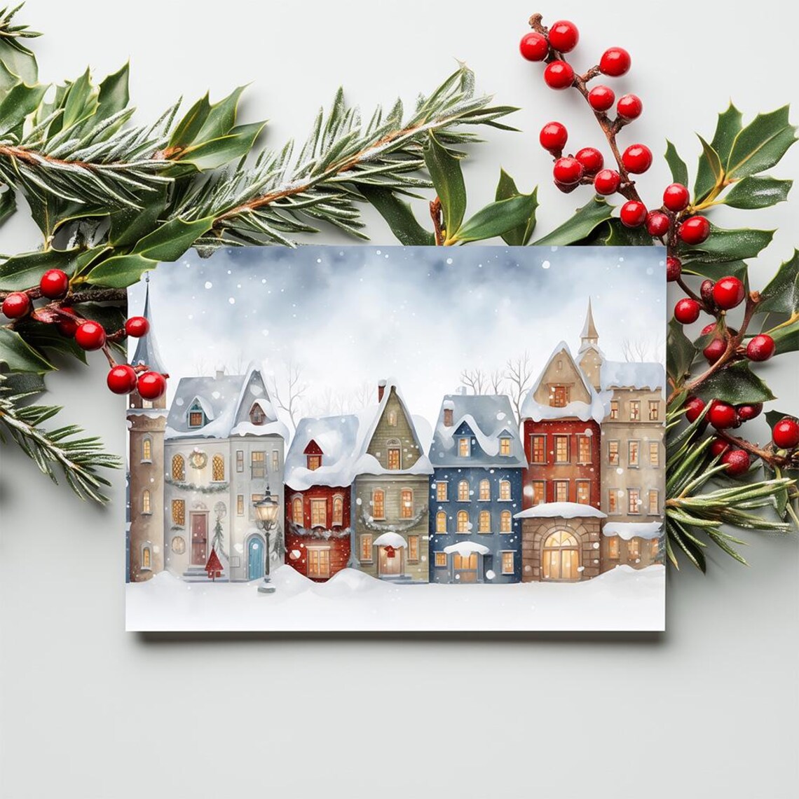 Snowy Christmas Village Townhouses Watercolor Cozy Winter Poster - Image 2