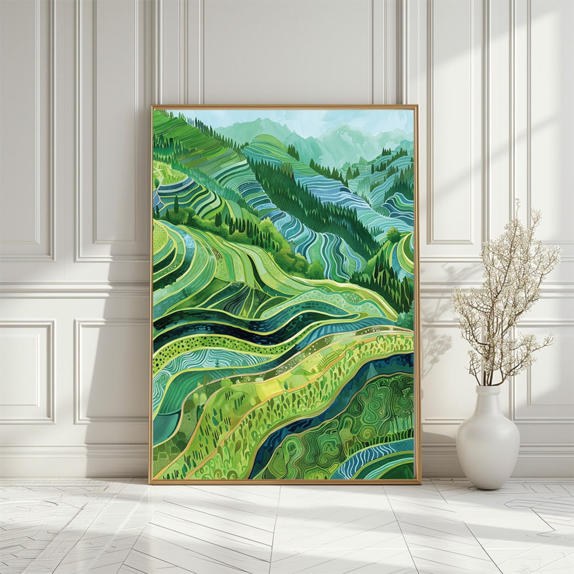 Vibrant Green Rice Terraces Abstract Nature Landscape Art Print