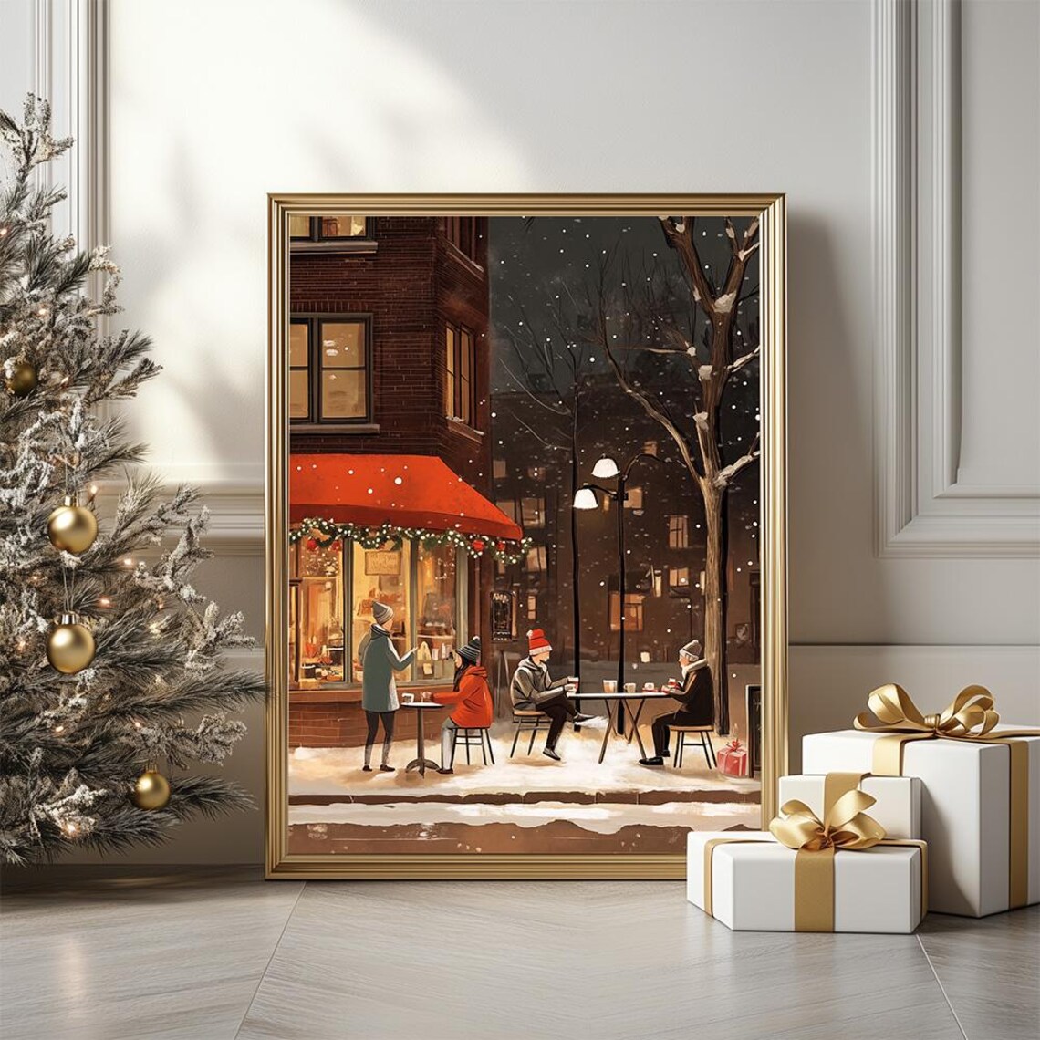 Winter Night Cafe Scene Under Red Awning With Glowing Street Lamps Poster