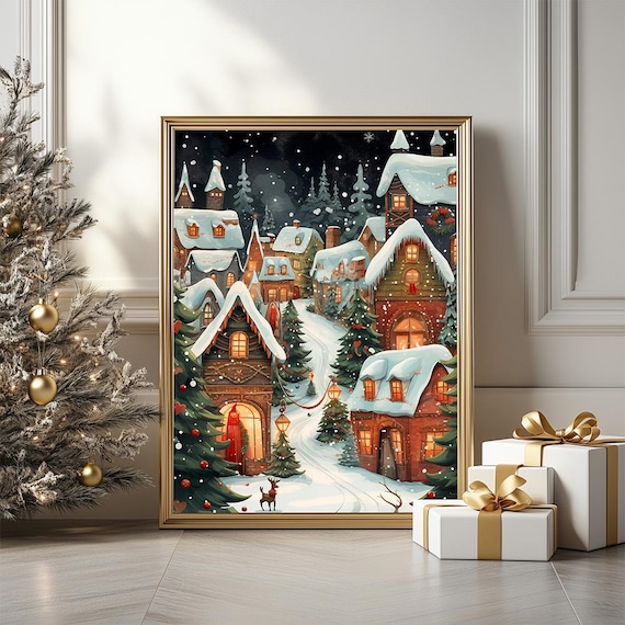 Magical Christmas Village Night Poster With Glowing Snowy Cottages