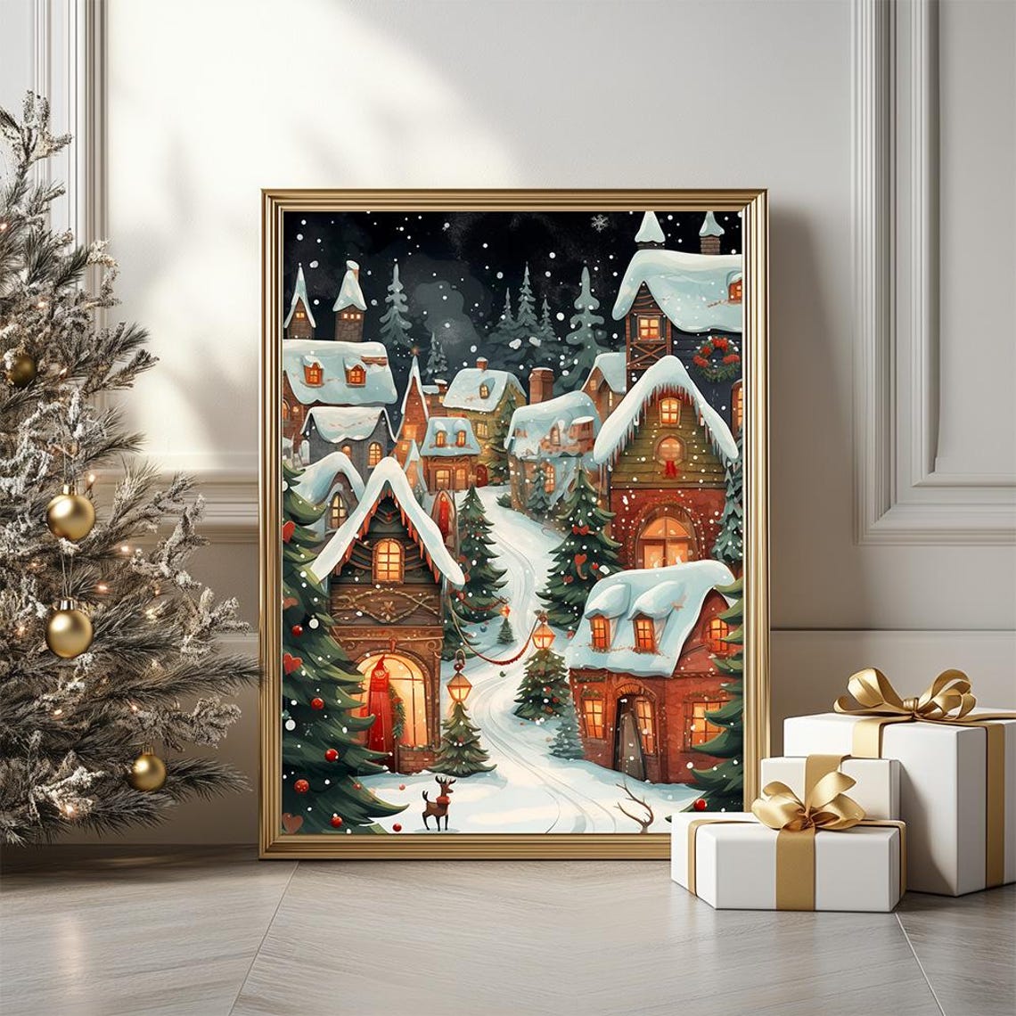 Magical Christmas Village Night Poster With Glowing Snowy Cottages